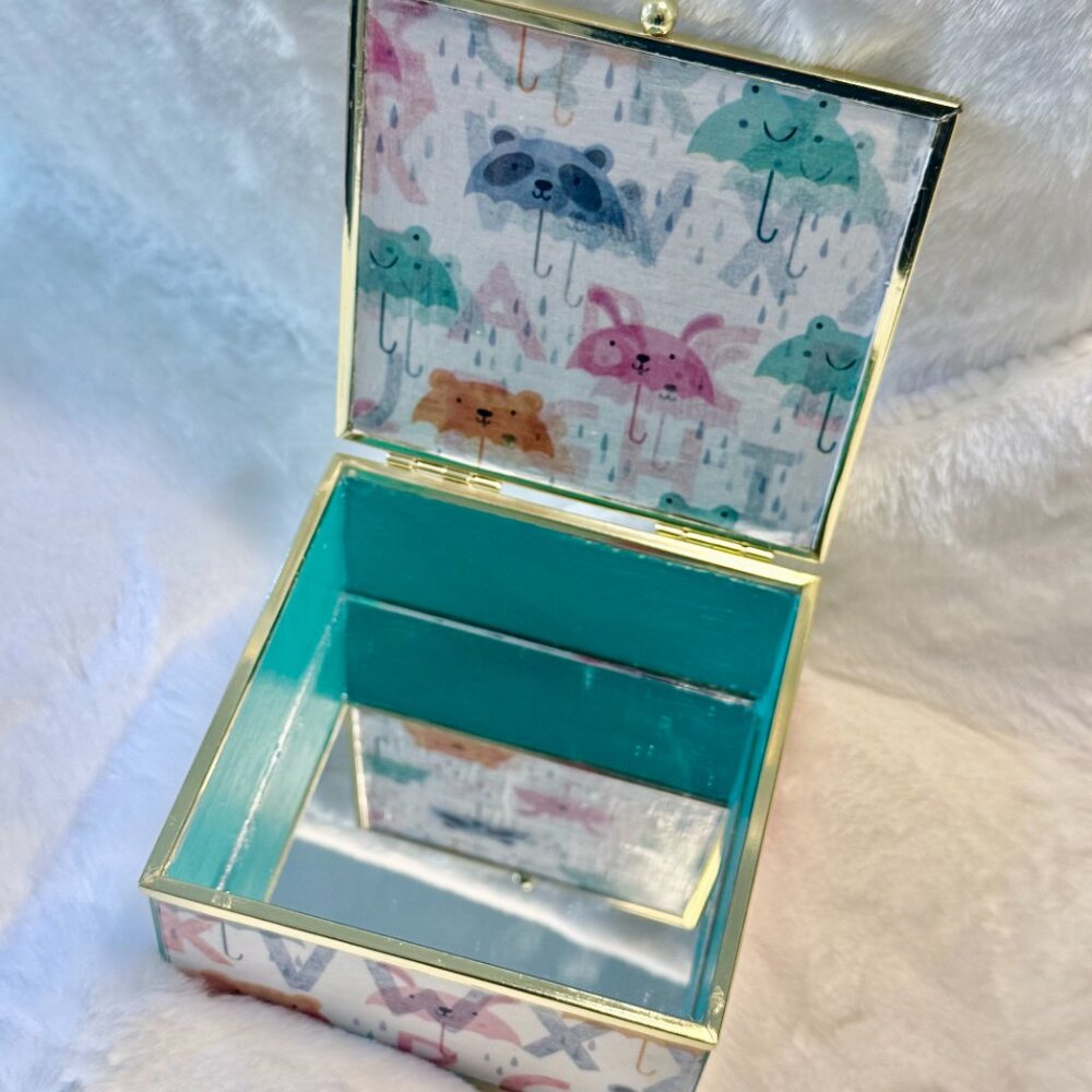 Baby Glass & Brass Jewelry or Trinket Box with Mirror & Matching Coaster _ NWOT